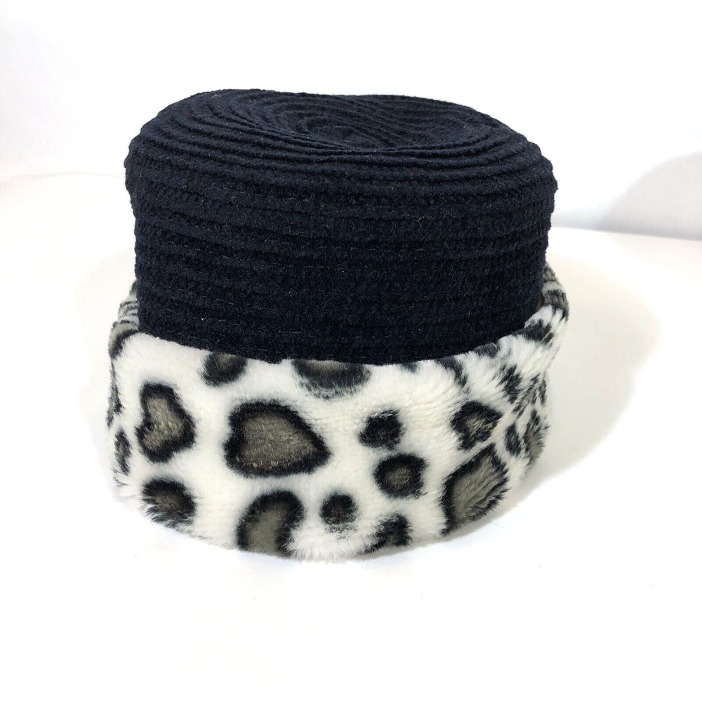 Black Cloche Hat with Faux Fur Brim One Size Velvet Sewn Vintage Gray White